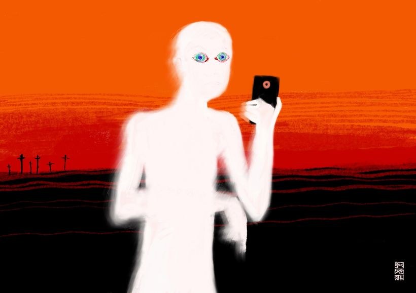 A pale figure holding a phone against an orange-red sky.
