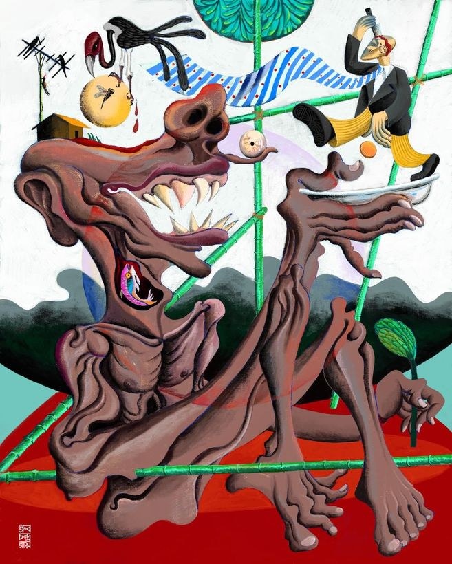 A grinning, distorted figure surrounded by vivid colours and surreal objects.