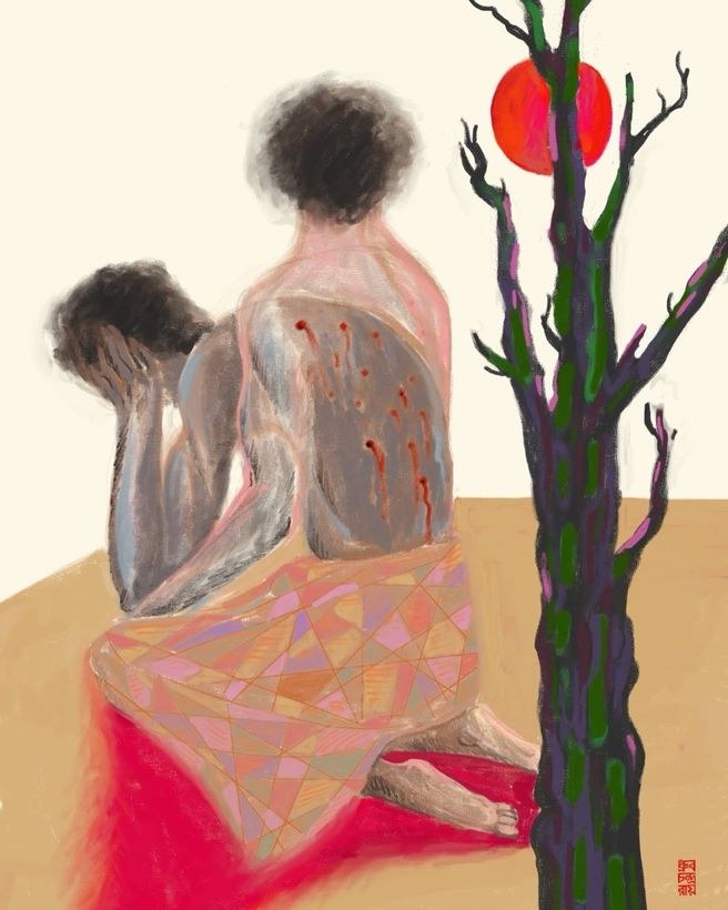 Two seated figures beside a bare tree beneath a red sun.