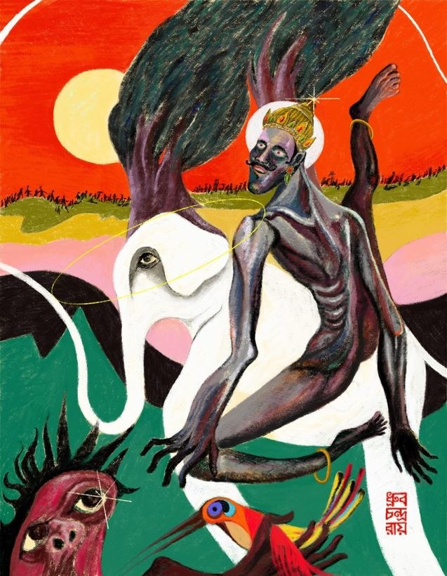 A crowned rider on a white creature among birds and trees.