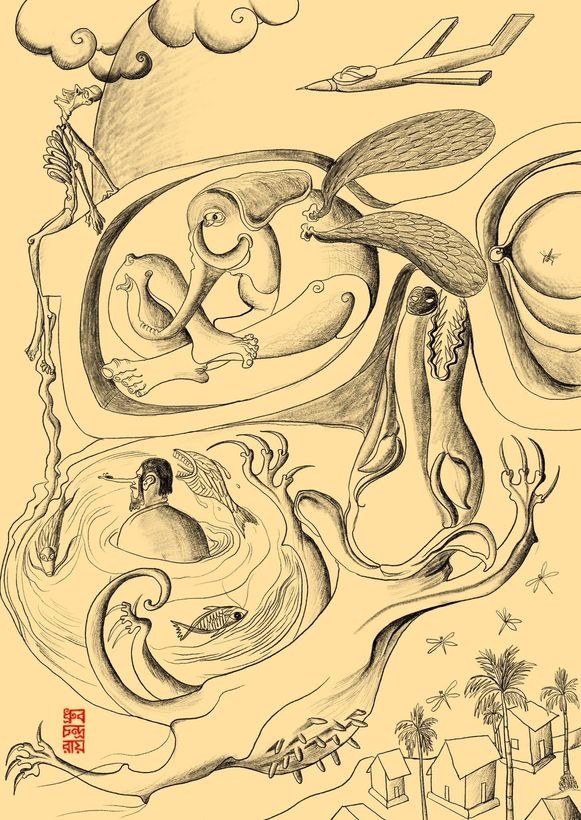 An intricate line drawing of interwoven figures, fish, and feathers.
