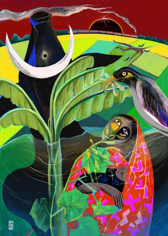 Surreal figures and creatures sheltered by large green leaves.