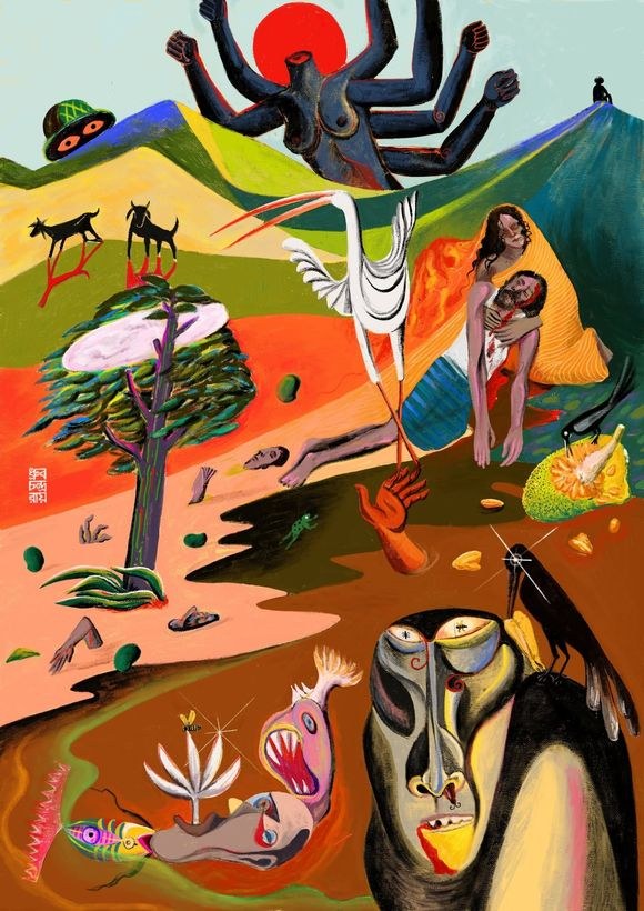 A many-armed figure among birds, bodies, and an orange landscape.