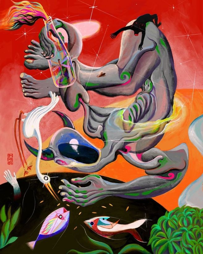 Interwoven human forms, flowing coloured lines, and fish on a red ground.