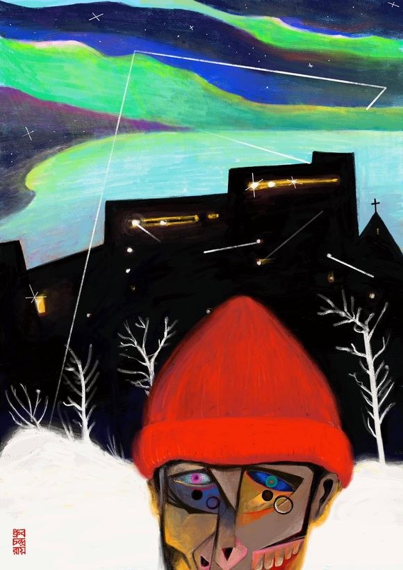 A face beneath a red cap under a green aurora and dark house.
