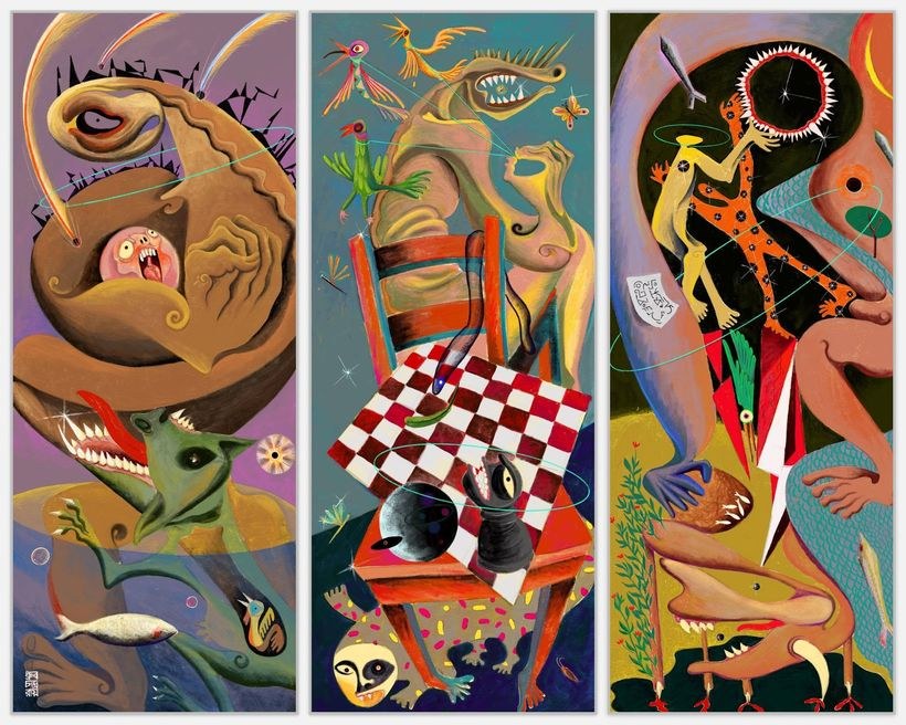 Three painted panels filled with surreal figures, teeth, and a chessboard.
