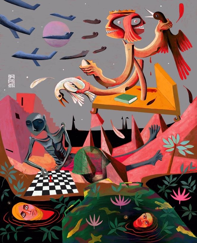 Surreal figures, planes, and chess pieces in a restless landscape.