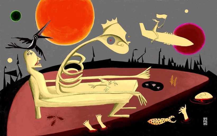 A long reclining figure and a scissor-like bird beneath a red sun.
