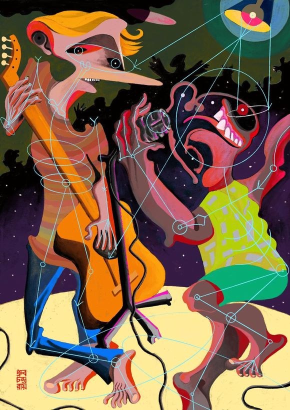 Two elongated figures entwined in bright strings and flowing forms.