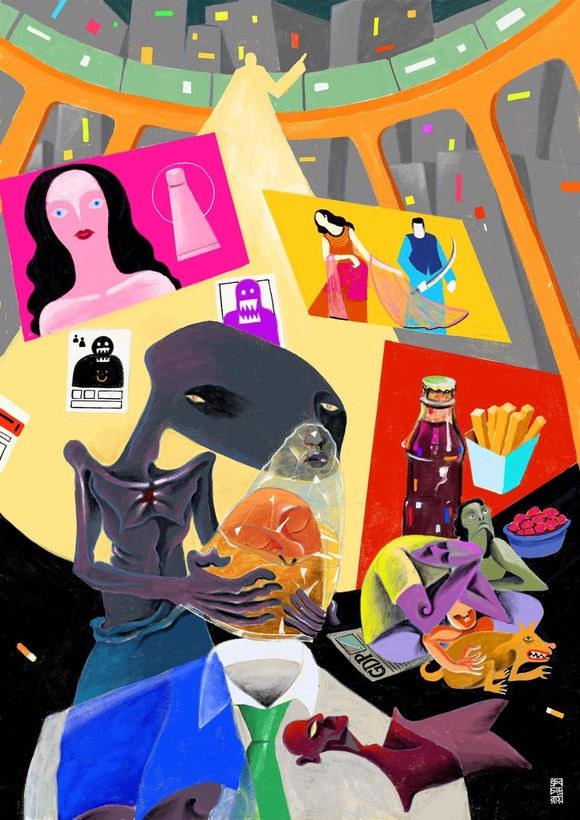 A suited figure surrounded by signs, bottles, and vivid everyday objects.